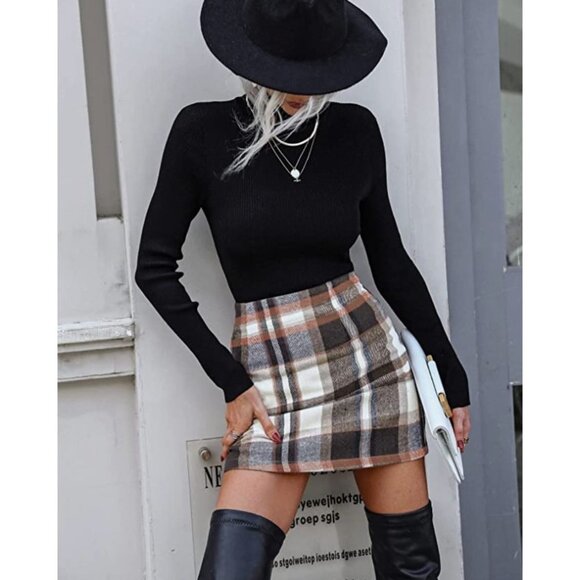 Brown Multi Plaid Printed Knit High Waist Fitted Pencil‎ Bodycon Mini Skirt - Picture 1 of 7